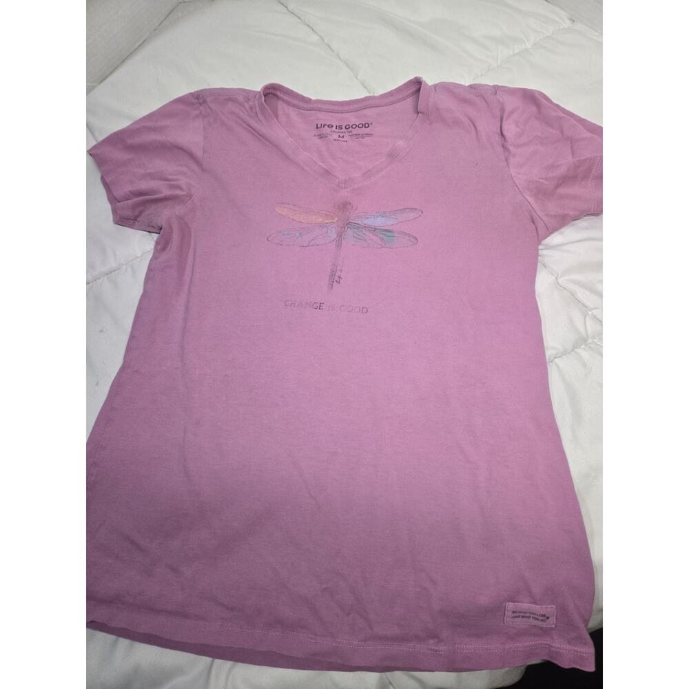 Life Is Good M Womens V Neck Classic Fit Pink Dragonfly T Shirt Crusher Hiking